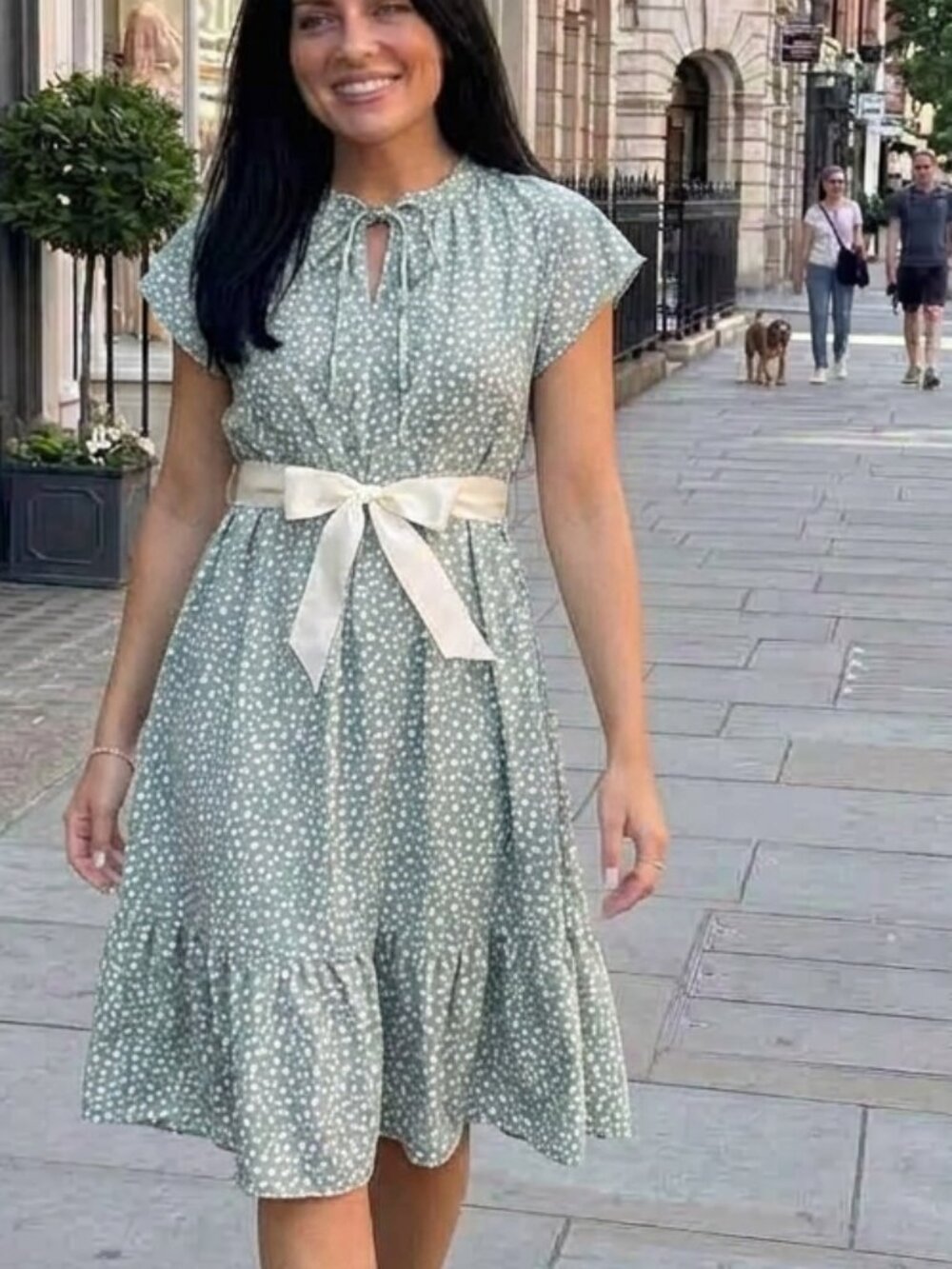 Salanta Sage Green Cream Heart Print Ruffle Hem Midi Dress Large L